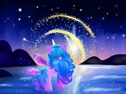 Size: 1592x1190 | Tagged: safe, artist:swirlmlp69768, izzy moonbow, pony, unicorn, g5, female, horn, mare, night, night sky, sky, snow, solo, sparkles, stars