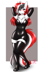 Size: 2123x3546 | Tagged: safe, artist:shadowraiser, oc, oc only, oc:red rocket, unicorn, anthro, black dress, chest fluff, clothes, dress, eyeshadow, female, gloves, high heels, horn, latex, latex boots, latex dress, lipstick, makeup, minidress, passepartout, rubber, shoes, socks, solo, stockings, thigh highs