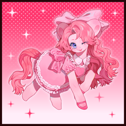 Size: 3661x3661 | Tagged: safe, artist:fantakun, pinkie pie, earth pony, pony, g4, bow, clothes, dress, female, frilly dress, gradient background, hair bow, halftone, mare, one eye closed, open mouth, passepartout, patterned background, pink dress, screentone, smiling, solo, sparkles, wink