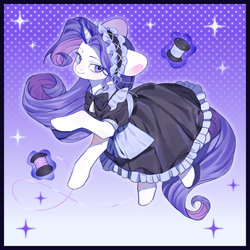 Size: 3661x3661 | Tagged: safe, artist:fantakun, rarity, pony, unicorn, g4, clothes, dress, female, french maid, gradient background, halftone, horn, maid, maid headdress, maidity, mare, patterned background, screentone, smiling, solo, sparkles, thread