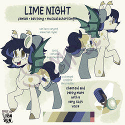 Size: 2000x2000 | Tagged: safe, artist:lionbun, oc, oc only, oc:lime night, bat pony, base used, bat pony oc, bow, clothes, coat markings, color palette, colored ear tufts, colored hooves, colored wings, cute, cute little fangs, dappled, ear tufts, fangs, female, freckles, hair bow, hooves, mare, obtrusive watermark, off-white background, open mouth, open smile, ponytail, raised hoof, reference sheet, slit pupils, smiling, socks, solo, spread wings, standing, underhoof, watermark, wings, yellow eyes