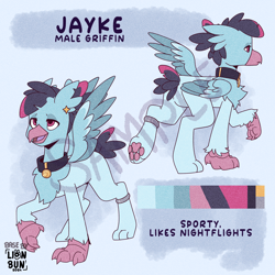 Size: 2000x2000 | Tagged: safe, artist:lionbun, oc, oc only, oc:jayke, griffon, base used, chest fluff, claws, collar, color palette, colored wings, ear piercing, earring, jewelry, lavender background, lidded eyes, magenta eyes, male, obtrusive watermark, one wing out, open mouth, open smile, paws, piercing, raised claw, reference sheet, short tail, simple background, smiling, solo, spread wings, tail, two toned wings, watermark, wings