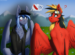 Size: 4000x2976 | Tagged: safe, artist:twotail813, oc, oc only, oc:pixi feather, oc:twotail, pegasus, pony, semi-anthro, belly, belly button, blue eyes, blushing, chest fluff, clothes, cute, duo, duo female, ear fluff, ear piercing, earring, eyeshadow, female, goggles, goggles on head, hoodie, jewelry, large wings, looking at someone, makeup, mare, not luna, pegasus oc, piercing, question mark, shrunken pupils, turned head, wings, yellow eyes