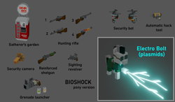 Size: 3000x1750 | Tagged: safe, artist:mint pill, oc, oc only, oc:metal dice, earth pony, pony, robot, bioshock, bioshock pony (mint pill), male, minecraft, plasmid, solo, stallion, weapon