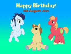 Size: 4096x3072 | Tagged: safe, derpibooru exclusive, big macintosh, donut joe, soarin', earth pony, pegasus, g4, gradient background, male, stallion, text, trio, trio male