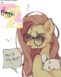 Size: 614x768 | Tagged: source needed, safe, artist:earthlover, fluttershy, pegasus, pony, g4, blushing, bunny plushie, dialogue, ear blush, emanata, female, freckles, freckleshy, frown, glasses, hoof blush, human shoulders, lidded eyes, mare, no catchlights, no pupils, nose blush, open frown, open mouth, plushie, redraw, shoulder blush, slightly desaturated, solo, speech bubble, text