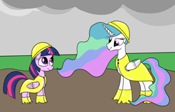 Size: 2000x1280 | Tagged: safe, artist:amateur-draw, princess celestia, twilight sparkle, alicorn, g4, boots, clothes, duo, duo female, female, hat, looking at each other, looking at someone, mare, mud, pvc, rain boots, raincoat, rainhat, rubber, rubber boots, shoes, twilight sparkle (alicorn)