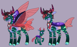 Size: 1280x783 | Tagged: safe, artist:malinraf1615, pharynx, changedling, changeling, g4, alternate design, alternate universe, blue hooves, carapace, cloven hooves, colored belly, colored hooves, colored pupils, colored sclera, eye markings, fangs, four wings, gradient legs, gradient mane, gray background, green body, hooves, horns, insect wings, leg stripes, lidded eyes, looking at you, male, multiple wings, prince pharynx, purple background, purple eyes, purple pupils, purple sclera, red mane, red tail, redesign, reference used, short mane, simple background, solo, sparkly horns, sparkly tail, sparkly wings, spread wings, standing, striped, striped horns, stripes, tail, transparent wings, two toned mane, wings