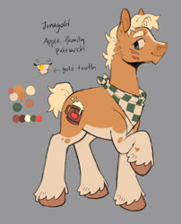 Size: 932x1152 | Tagged: safe, artist:beyhr, part of a set, oc, oc only, oc:jonagold, earth pony, pony, alternate universe, apple family member, blaze (coat marking), blonde mane, blonde tail, brown coat, brown hooves, chin fluff, coat markings, color palette, colored belly, colored eyebrows, colored legs, countershading, earth pony oc, facial markings, facial scar, gray background, green eyes, heart, heart mark, leg markings, long description, looking back, lore in description, male, male oc, pale belly, profile, raised hoof, reference sheet, scar, short mane, short tail, sideburns, simple background, smiling, snip (coat marking), stallion oc, standing, standing on three hooves, tail, tan coat, text, unshorn fetlocks