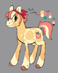 Size: 706x876 | Tagged: safe, artist:beyhr, part of a set, oc, oc only, oc:pink lady (beyhr), earth pony, pony, alternate universe, appaloosa, apple family member, bandana, blaze (coat marking), blue eyes, bonnet, brown hooves, coat markings, color palette, colored ears, colored hooves, colored muzzle, cream coat, earth pony oc, eyelashes, facial markings, female, female oc, gray background, heart, heart mark, hooves, leg markings, long description, looking back, lore in description, mare oc, mealy mouth (coat marking), pale muzzle, profile, reference sheet, short mane, short tail, simple background, smiling, socks (coat markings), standing, tail, text, two toned mane, two toned tail