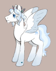 Size: 750x945 | Tagged: safe, artist:beyhr, part of a set, oc, oc only, oc:divine wind, pegasus, pony, alternate universe, blue eyes, blue mane, blue pupils, blue tail, blue wingtips, chin fluff, coat markings, colored pupils, colored wings, colored wingtips, crown, curly mane, facial markings, frown, gradient legs, gray background, hatching (technique), heart, heart mark, jewelry, king, leg markings, long description, long tail, lore in description, male, male oc, narrowed eyes, pegasus oc, ponytail, profile, purple background, reference sheet, regalia, short mane, simple background, spread wings, stallion, stallion oc, standing, star (coat marking), tail, tied mane, two toned mane, two toned tail, two toned wings, white coat, wings