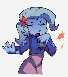 Size: 1280x1453 | Tagged: safe, artist:lound, trixie, human, equestria girls, g4, beanbrows, blue hair, blue skin, blush lines, blushing, clothes, eyebrows, eyes closed, female, gray background, hair accessory, hairclip, jacket, open mouth, open smile, pencil skirt, purple skirt, raised hand, simple background, skirt, smiling, solo, stars