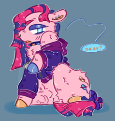 Size: 1289x1352 | Tagged: safe, artist:tottallytoby, pinkie pie, earth pony, pony, g4, alternate design, alternate mane color, alternate tail color, belly fluff, blue background, blue eyes, blue eyeshadow, chest fluff, choker, clothes, colored eyebrows, colored hooves, colored pinnae, commission, crossed out cutie mark, dialogue, dyed mane, dyed tail, ear piercing, earring, edgy, eyeshadow, female, floppy ears, fluffy, frown, hooves, human shoulders, jacket, jewelry, leg fluff, looking at you, makeup, mare, mismatched hooves, multicolored hooves, narrowed eyes, nose piercing, off shoulder, open frown, open mouth, orange text, piercing, pink coat, pinkamena diane pie, profile, pubic fluff, raised hoof, septum piercing, shadow, shiny hooves, shoulder fluff, simple background, sitting, solo, speech bubble, spiked choker, straight mane, straight tail, tail, text, two toned mane, two toned tail, vulgar description, vulgar source, white pupils