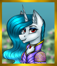 Size: 2819x3231 | Tagged: safe, artist:darklight1315, oc, oc only, oc:snow ice, crystal pony, pony, unicorn, fallout equestria, blue coat, blue eyeshadow, blue mane, blurry background, bust, cheek fluff, clothes, ear fluff, eyelashes, eyeshadow, fallout equestria: mayday, gold jewelry, horn, jewelry, lidded eyes, long mane, looking at you, makeup, necklace, pendant, picture, portrait, pre-war, red eyes, ruby, shiny mane, smiling, smiling at you, solo, unicorn horn, wavy mane