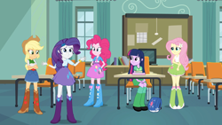 Size: 1280x720 | Tagged: safe, screencap, applejack, fluttershy, pinkie pie, rarity, twilight sparkle, human, equestria girls, g4, my little pony equestria girls, applejack's hat, backpack, belt, boots, cellphone, classroom, clothes, confused, cowboy boots, cowboy hat, hand on hip, hat, high heel boots, jacket, phone, polka dot socks, shirt, shoes, skinny, skirt, socks, thin, vest