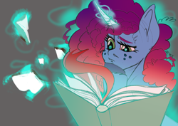 Size: 4961x3508 | Tagged: safe, artist:mekblue, misty brightdawn, unicorn, g5, book, freckles, horn, magic, reading, solo, telekinesis, unshorn fetlocks