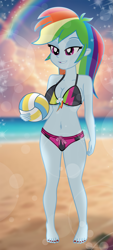 Size: 901x2000 | Tagged: safe, artist:emeraldblast63, part of a set, rainbow dash, equestria girls, g4, barefoot, belly, belly button, bikini, breasts, busty rainbow dash, clothes, feet, female, nail polish, ocean, rainbow dash's beach shorts swimsuit, solo, sports, stupid sexy rainbow dash, swimsuit, toenail polish, toenails, toes, volleyball, water