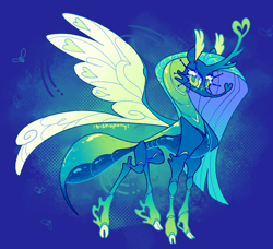 Size: 2048x1868 | Tagged: safe, artist:bishopony, queen chrysalis, changedling, changeling, g4, a better ending for chrysalis, abdomen, abstract background, alternate design, blue body, blue eyelashes, blue mane, blue sclera, blush scribble, blushing, bug anatomy, carapace, changedling queen, cheek fluff, cloven hooves, colored eyelashes, colored hooves, colored horntip, colored pinnae, colored pupils, colored sclera, colored wings, ear fluff, eyelashes, female, gradient horn, gradient legs, green blush, green eyes, green pupils, halftone, heart horn, hooves, horn, insect wings, long eyelashes, long horn, long mane, long neck, looking back, no mouth, probiscus, purified chrysalis, redesign, redraw, requested art, screentone, segmented body, segmented legs, shiny body, shiny eyes, shiny mane, slender, solo, spread wings, standing, stinger, straight mane, tall ears, thin, thin legs, white hooves, wing markings, wings