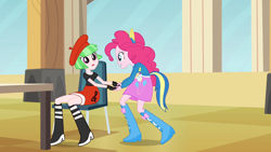 Size: 1280x720 | Tagged: safe, screencap, drama letter, pinkie pie, watermelody, equestria girls, g4, my little pony equestria girls, beret, boots, cafeteria, chair, duo, duo female, female, hat, helping twilight win the crown, holding hands, shoes, wondercolt ears, wondercolt tail, wondercolts uniform