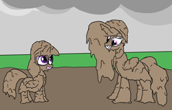 Size: 2000x1280 | Tagged: safe, artist:amateur-draw, princess celestia, twilight sparkle, alicorn, g4, boots, clothes, covered in mud, duo, female, hat, looking at each other, looking at someone, mare, mud, mud bath, mud pony, muddy, pvc, rain boots, raincoat, rubber, shoes, smiling, smiling at each other, twilight sparkle (alicorn)