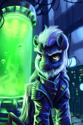 Size: 2000x3000 | Tagged: safe, artist:nemo2d, oc, oc only, oc:harbinger, pegasus, pony, fallout equestria, beard, clothes, coat, computer, detailed background, enclave, enclave uniform, facial hair, glowing, lighting, male, military uniform, not alphabittle, solo, stallion, tank of goo, uniform, wires