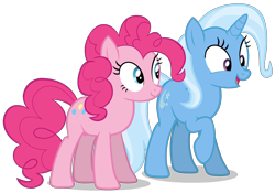 Size: 3084x2160 | Tagged: safe, artist:zslnews, pinkie pie, trixie, earth pony, pony, unicorn, g4, duo, duo female, female, horn, mare, simple background, transparent background, vector