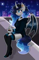 Size: 1923x2937 | Tagged: safe, artist:aura rhinestone, oc, oc only, oc:aura rhinestone, bat pony, anthro, alcohol, city, cityscape, clothes, drink, female, hoodie, horn, mare, night, solo, stockings, thigh highs