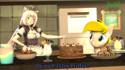 Size: 2560x1440 | Tagged: safe, artist:yrbertthecat, oc, oc only, oc:galactic arxi, human, pegasus, pony, g4, 3d, :3, anime, apple, birthday cake, cake, calendar, catgirl, dialogue, duo, female, food, human and pony, jam, kitchen, nekopara, poster, refrigerator, source filmmaker, sushi, vanilla, zap apple, zap apple jam