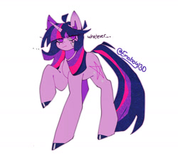 Size: 2021x1763 | Tagged: safe, artist:emoboy130, twilight sparkle, pony, unicorn, g4, ahoge, alternate cutie mark, blue hooves, coat markings, colored hooves, colored pinnae, facial markings, female, hoof polish, hooves, horn, long legs, looking away, mare, outline, pentagram, purple text, raised hoof, shiny hooves, signature, simple background, slit pupils, sparkly mane, sparkly tail, standing, standing on three hooves, star (coat marking), tail, text, twilight sparkle is not amused, unamused, unicorn twilight, whatever, white background