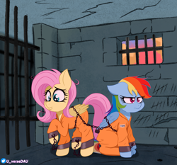 Size: 3300x3070 | Tagged: safe, artist:juniverse, fluttershy, rainbow dash, pegasus, pony, g4, clothes, colored, commission, commissioner:rainbowdash69, duo, duo female, female, frustrated, jail, jail cell, never doubt rainbowdash69's involvement, pouty lips, prison jumpsuit, prison outfit, prisoner, prisoner fs, prisoner rd, sad, tax evasion