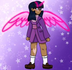 Size: 1095x1077 | Tagged: safe, artist:dj axel, twilight sparkle, human, g4, artificial horn, artificial wings, augmented, clothes, commissioner:prixy05, female, glasses, gradient background, horn, horned humanization, humanized, magic, magic horn, magic wings, moderate dark skin, purple background, scarred, serious, shoes, solo, starry background, winged humanization, wings