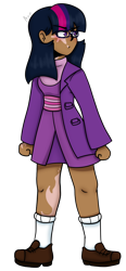 Size: 500x1077 | Tagged: safe, alternate version, artist:dj axel, twilight sparkle, human, g4, clothes, commissioner:prixy05, female, glasses, humanized, moderate dark skin, scarred, serious, vitiligo