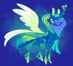 Size: 2584x2357 | Tagged: safe, artist:bishopony, queen chrysalis, changedling, changeling, g4, abdomen, abstract background, alternate design, blue body, blue eyelashes, blue mane, blue sclera, blush scribble, blushing, bug anatomy, carapace, changedling queen, cheek fluff, cloven hooves, colored eyelashes, colored hooves, colored horntip, colored pinnae, colored pupils, colored sclera, colored wings, ear fluff, eyelashes, female, gradient horn, gradient legs, green blush, green eyes, green pupils, halftone, heart horn, high res, hooves, horn, hybrid wings, insect wings, long eyelashes, long horn, long mane, long neck, looking back, no mouth, probiscus, purified chrysalis, redesign, redraw, requested art, screentone, segmented body, segmented legs, shiny body, shiny eyes, shiny mane, slender, solo, spread wings, standing, stinger, straight mane, tall ears, thin, thin legs, white hooves, wing markings, wings