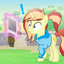 Size: 2700x2700 | Tagged: safe, artist:devfield, oc, oc only, oc:soft light, pony, unicorn, barrel, caught, clothes, complex background, flower, glowing, grass, grass field, hay, hay bale, high res, hill, hoodie, horn, levitation, magic, magic aura, male, offscreen character, outdoors, path, photo, polaroid, ponytail, raised leg, rock, sack, scrunchie, shading, shadow, shocked, shocked expression, show accurate, sky, sparkles, stallion, sunrise, telekinesis, tree, two toned mane, wall, wind