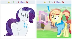 Size: 522x285 | Tagged: safe, edit, rarity, oc, oc:soft light, unicorn, derpibooru, g4, female, horn, juxtaposition, meta