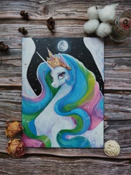 Size: 3000x4000 | Tagged: safe, artist:fridagloria, princess celestia, alicorn, pony, g4, acrylic painting, beautiful, big mane, bust, crying, female, high res, looking at you, mare, mare in the moon, moon, sad, sadlestia, solo, spread wings, traditional art, wings