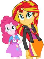 Size: 1887x2520 | Tagged: safe, edit, edited screencap, editor:homersimpson1983, screencap, pinkie pie, sunset shimmer, human, equestria girls, g4, background removed, clothes, duo, duo female, female, jacket, not a vector, shirt, simple background, skirt, transparent background, vest