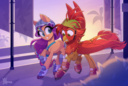 Size: 2680x1810 | Tagged: safe, artist:thewandie, sunny starscout, oc, oc:hotrod(griffon), earth pony, griffon, pony, g5, commission, duo, duo male and female, female, helmet, male, mane stripe sunny, maretime bay, roller skates, rollerblades, skates, skating, sunny's bag, ych result