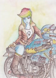 Size: 516x719 | Tagged: safe, artist:daisymane, rainbow dash, human, equestria girls, g4, boots, clothes, female, jacket, leather, leather jacket, motorcycle, shoes, solo, traditional art, watercolor painting