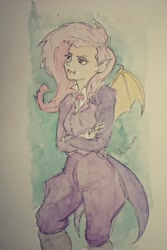 Size: 1477x2217 | Tagged: safe, artist:daisymane, fluttershy, bat pony, human, g4, bat ponified, clothes, crossed arms, flutterbat, humanized, race swap, solo, suit, traditional art, watercolor painting, winged humanization, wings