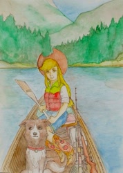 Size: 504x707 | Tagged: safe, artist:daisymane, applejack, winona, dog, human, g4, boat, duo, fishing rod, gun, humanized, lake, lifejacket, looking at you, oar, rifle, traditional art, water, watercolor painting, weapon