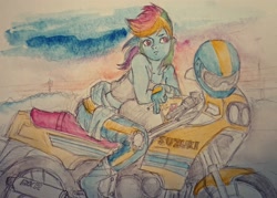 Size: 2048x1463 | Tagged: safe, artist:daisymane, rainbow dash, human, equestria girls, g4, cigarette, female, frown, helmet, motorcycle, smoking, solo, traditional art, watercolor painting