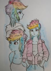 Size: 1563x2188 | Tagged: safe, artist:daisymane, rainbow dash, human, equestria girls, g4, clothes, female, hand in pocket, jacket, looking at you, solo, traditional art, watercolor painting