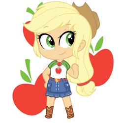 Size: 1080x1080 | Tagged: safe, artist:imtailsthefoxfan, applejack, human, equestria girls, g4, chibi, cutie mark, cutie mark background, simple background, solo, white background