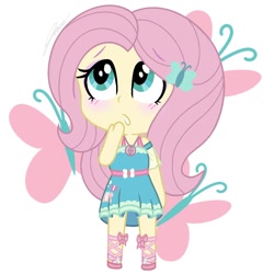 Size: 1080x1080 | Tagged: safe, artist:imtailsthefoxfan, fluttershy, human, equestria girls, g4, blushing, chibi, cutie mark, cutie mark background, simple background, skinny, solo, thin, white background