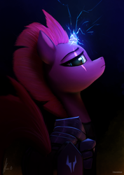 Size: 3508x4961 | Tagged: safe, artist:harukiicat, tempest shadow, pony, unicorn, g4, armor, broken horn, bust, female, horn, looking at you, looking back, looking back at you, magic, portrait, scar, solo, sparking horn, tail