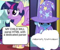 Size: 1287x1079 | Tagged: safe, edit, edited screencap, screencap, trixie, twilight sparkle, alicorn, pony, unicorn, g4, magical mystery cure, clothes, code, coronation dress, dress, duo, duo female, female, horn, html, mare, meme, pure unfiltered evil, regex, speech bubble, twilight sparkle (alicorn)