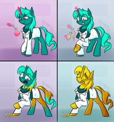 Size: 2384x2560 | Tagged: safe, alternate version, artist:moonatik, oc, oc only, pony, unicorn, abstract background, clothes, colored sketch, commission, flask, glasses, gold, horn, inanimate tf, lab coat, magic, male, objectification, potion, scarf, sketch, spill, stallion, test tube, transformation, unicorn oc