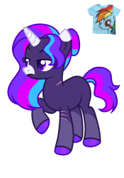 Size: 900x1285 | Tagged: safe, artist:opalitexyz, rainbow dash, oc, pony, unicorn, g4, blushing, clothes, coat markings, colored eartips, colored hooves, colored horn, facial markings, female, hair bun, heart, heart eyes, hooves, horn, mare, markings, mealy mouth (coat marking), raised hoof, reference sheet, scar, shirt, simple background, socks (coat markings), solo, standing, t-shirt, three toned mane, three toned tail, transparent background, unamused, wingding eyes