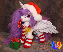 Size: 2687x2223 | Tagged: safe, artist:1stastrastudio, princess celestia, pony, princess molestia, g4, christmas, clothes, hat, holiday, irl, photo, plushie, present, santa hat, scarf, socks, solo, striped socks